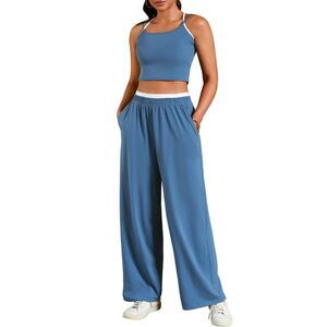 2 Piece Spaghetti Strap Crop Tank Tops Wide Leg Pants Tracksuit Gray Blue